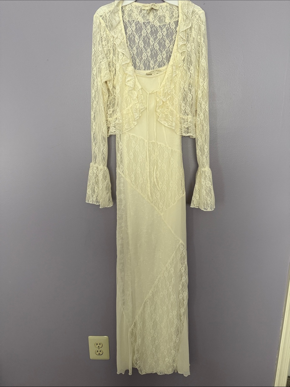 Lace Overlay Ivory Maxi Dress with Cropped Jacket